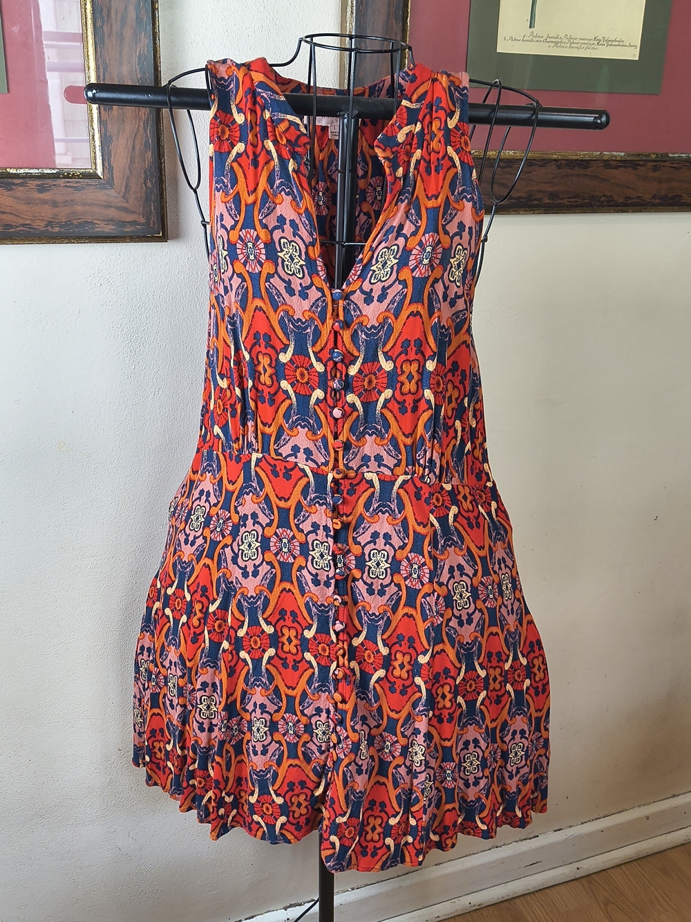 Button front red and blue boho sleeveless mini dress
